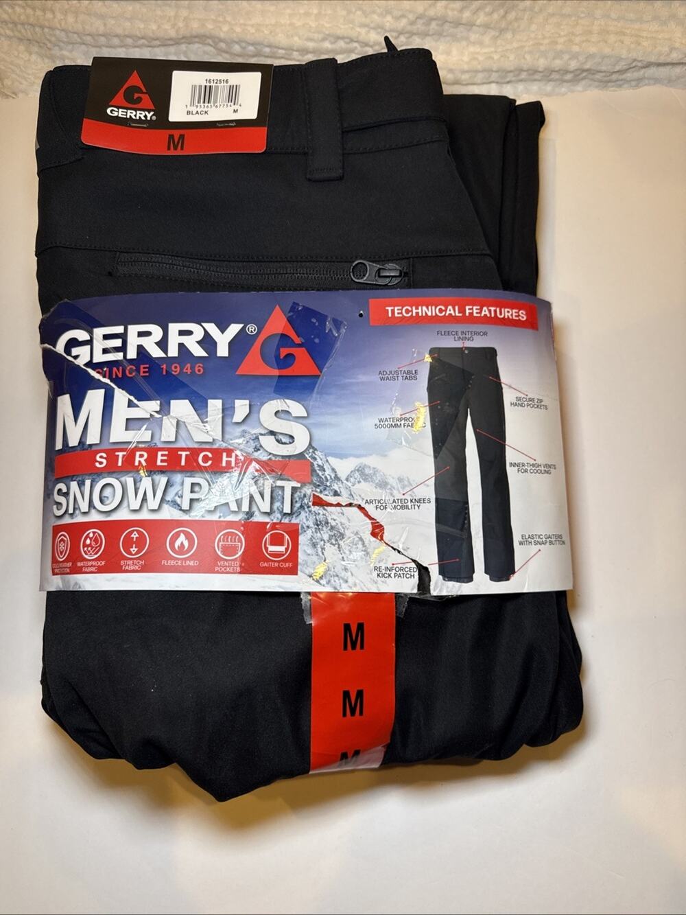 Gerry Men’s Stretch Snow Pants M Black Waterproof Fleece Lined Ski NWT
